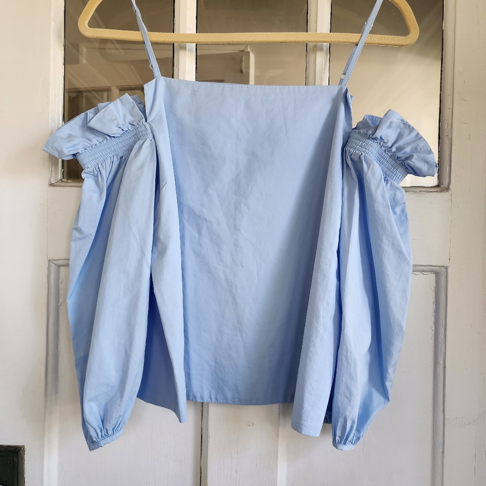 English Factory Blue Off the Shoulder Crop Top
